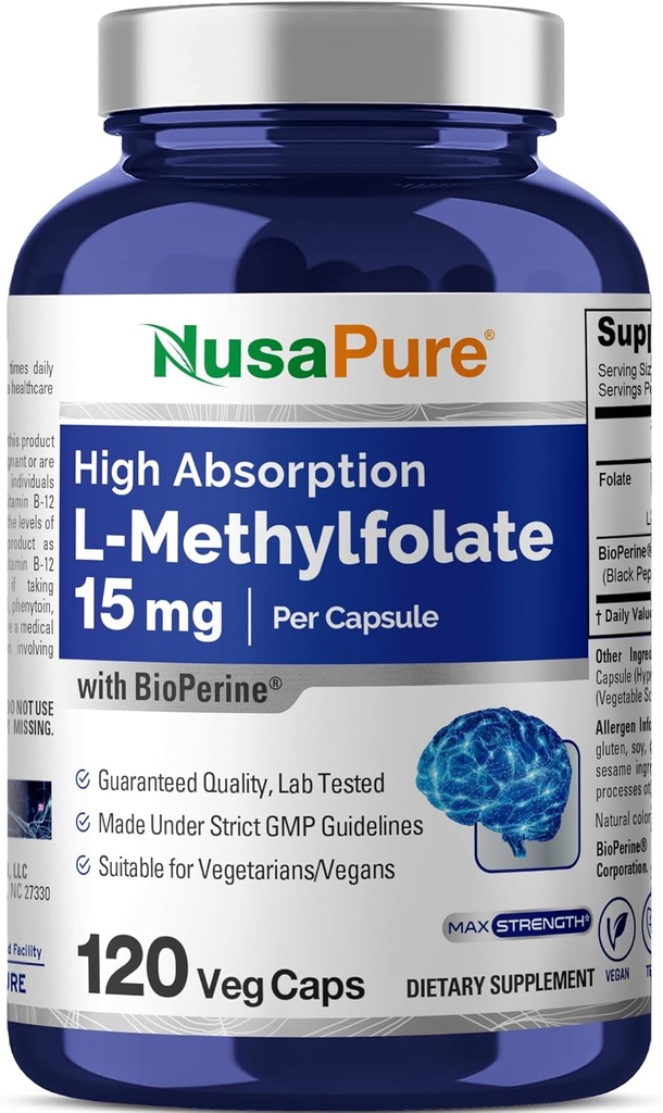 NusaPure L 甲基folate 15mg, 120 Veggie Capsules, Bioperine