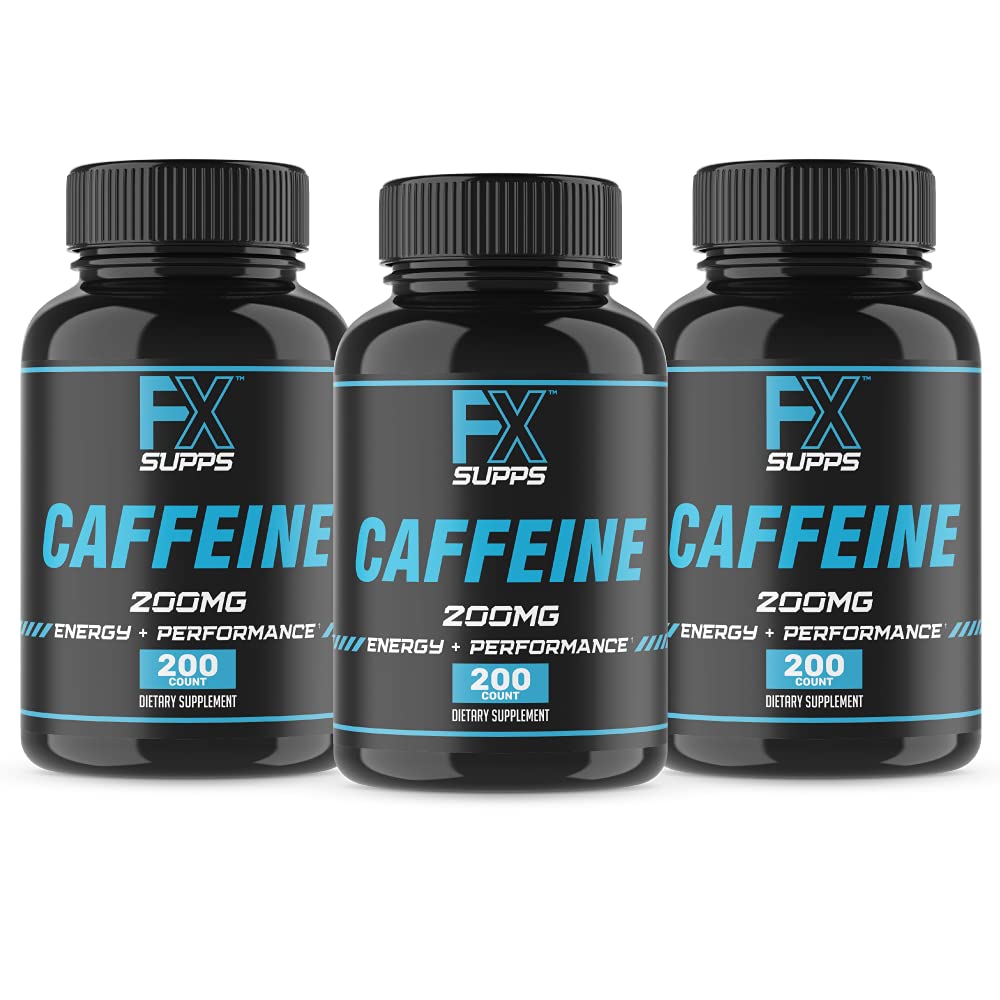 FXSUPS Cafeine 200mg Pills (3- Pack, 600 Capsules) – 快速动作能量支持男女辅助 – 支持焦点,警觉和元曲函数自然