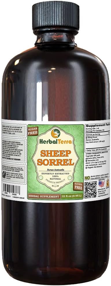 羊索雷尔(英语:Rumex Acetosella) Glycerite,有机干草无酒精液体提取物(Brand name:Herbalterra, Proudly made in USA) 32 fl.oz (0.95 l) (英语).