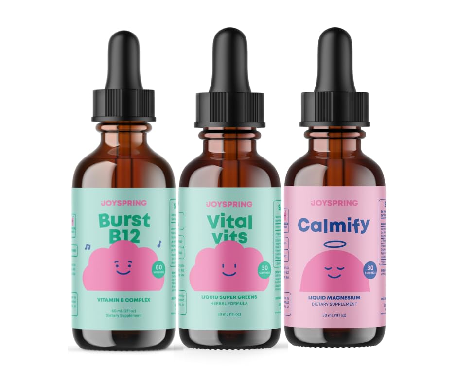 JoySpring B-Complex & Virtual Vits with Magnesium Drops Bundle 自然来源儿童维生素和矿物 → Non-Alcoholic,无糖液体配方 → Vegan & 蔬菜液体投放补充