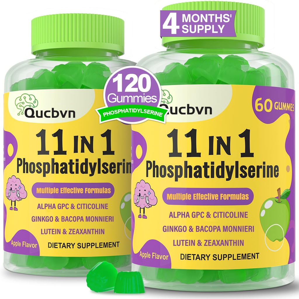 (2 Packs) Phosphatidylserine 600mg Gummys,脑增量用于记忆,聚焦和浓度 - Phosphatidylserine 记忆增量与 Alpha GPC, B6 & B12用于脑和认知, 120 Gummys