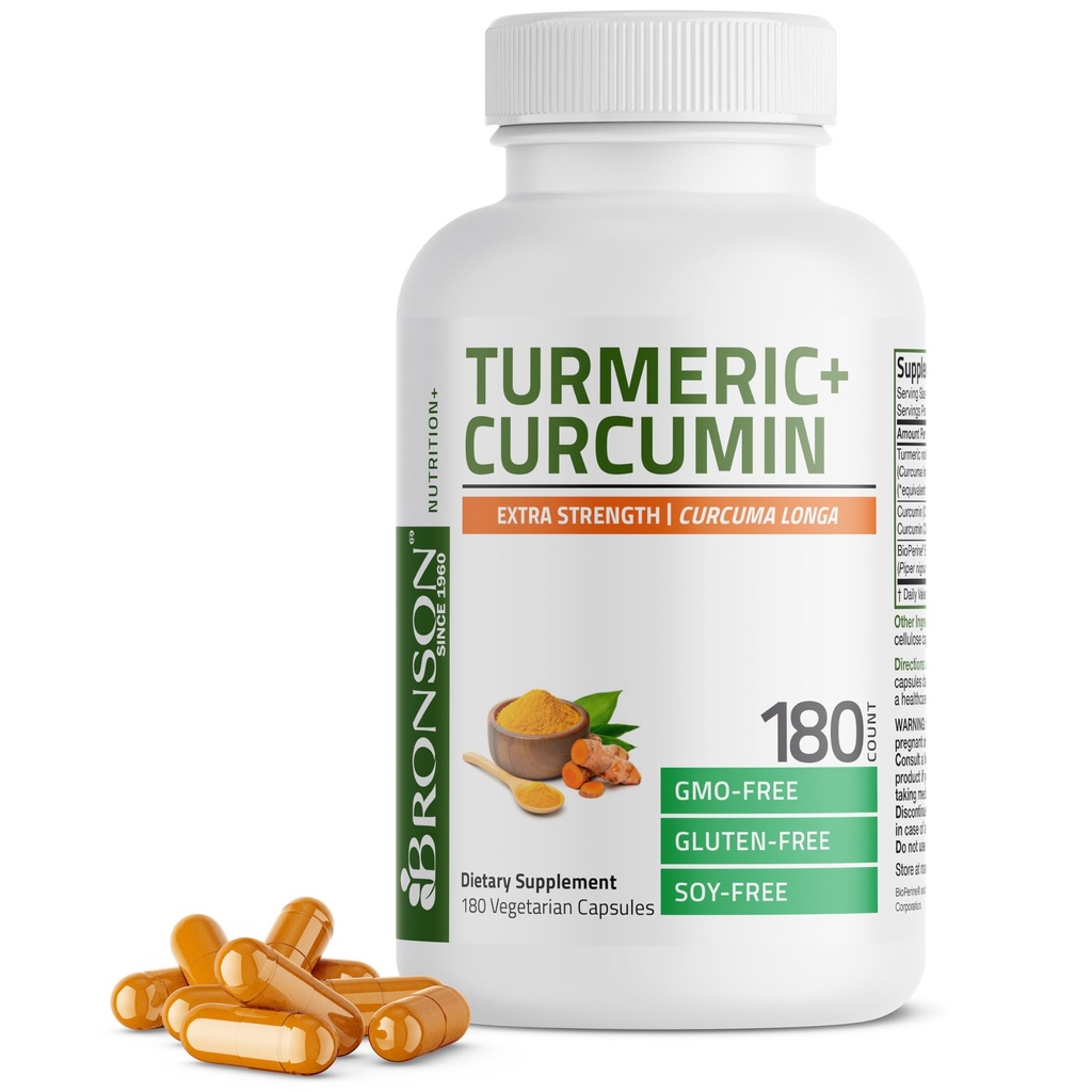 Bronson Turmeric Curcumin Extra strong - 抗氧化剂、联合和消化支持与生物聚合物、非GMO、180 植物卡普尔