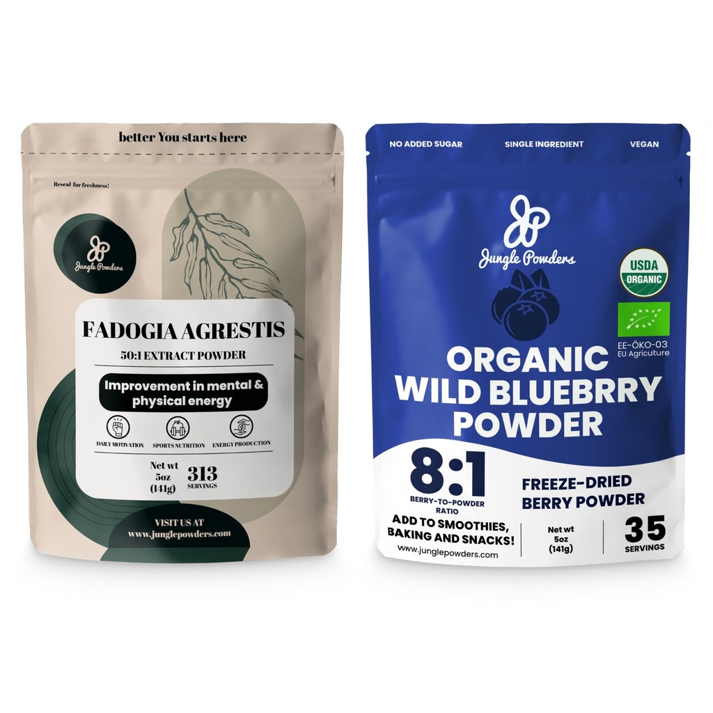 Junle Powers Men's Health and Virtuality Bundle: 5oz Fadogia Agrestis 提取粉 驱动和激情+ 5oz UDA 认证 有机野生蓝莓粉 增强光滑和烤!