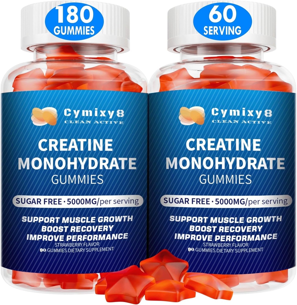 Creatine Monohdrate Gummys 5g for Men & Women, 7100mg with Liposomal Taurine, BCAA, Alpha GPC, B12, Creatine Monohdrate Chews for Muscle Growth, 草莓 Flavor, 180 Count