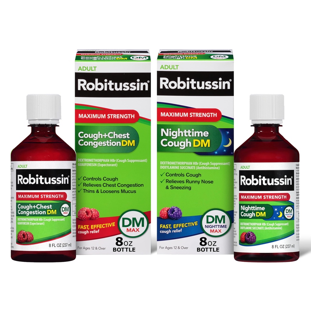 Robitussin DM Max Cough Plus 胸腔摄入和Robitussin 最大强度夜咳 DM 成人配方 - 2 x8 Fl Oz Oz瓶