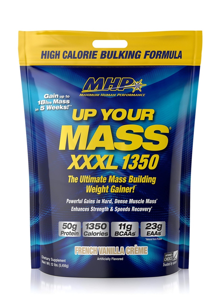 人类最大性能 MHP UYM XXXL 1350 Mass Building Weight Gainer,肌肉质量增益,w/50g 蛋白质,高卡路里,11g BCAAs,Leucine, French Vanilla Creme, 16 services