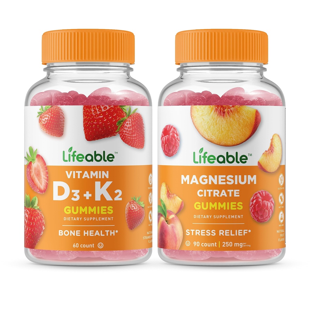 活生生的维生素D3 + 维生素K2 + 镁 85mg, Gummys Bundle - Great Tasting, Vitamin Supplement, Gluten Free, GMO Free, Chewwable Gummy (英语).