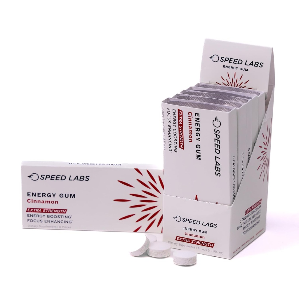 速效实验室 肉桂超强咖啡因 Chewing Gum 50mg Cafeine, Taurine, & B 维生素 Per Piec, 48 Pieces (6 Packs of 8 Piecs) 糖无味,零卡罗里,无阿斯巴达米,格鲁滕无味