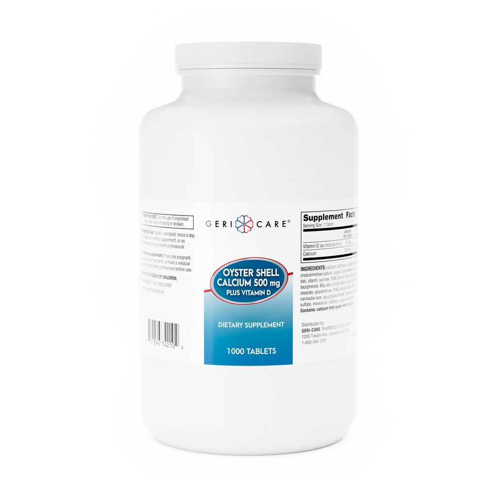 GeriCare Oyster Shell Calcium 500mg + 维生素D,Bone健康,营养补充片,1000个计数(Pack of 1)