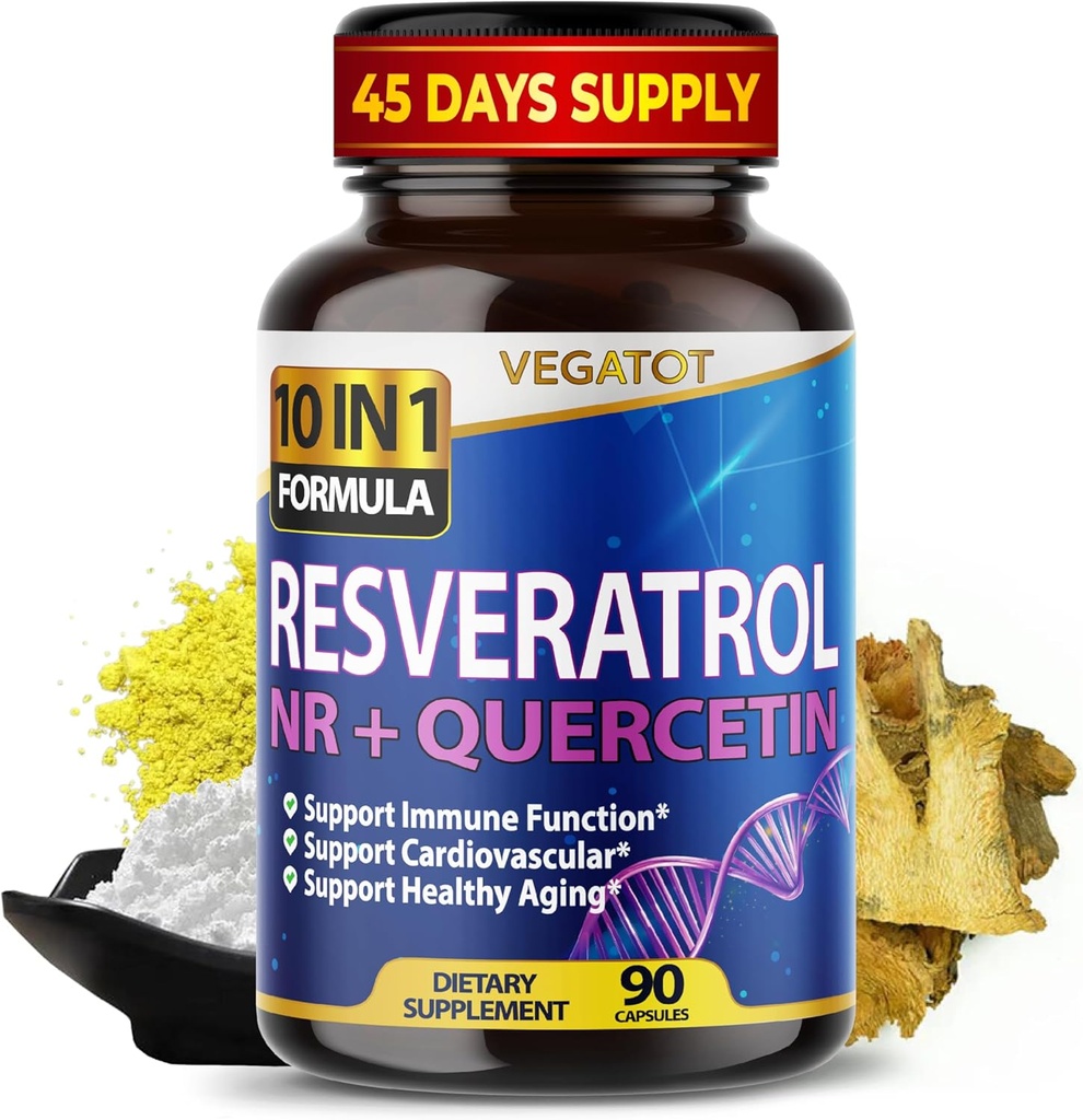VEGATOT 10 in 1 High Resveratrol 与 Quercetin 健康老化 脑刺激联合支持(90 Counter (Pack of 1))