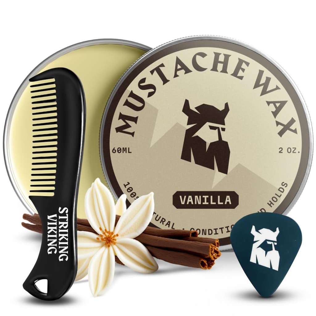 (原始内容存档于2018-09-21). Striking Viking Mustache Wax & Comb Kit - 2 oz, Vanilla - 完成 Mustache Grooming Kit for Men - 坚挺的造型和蜡质坚固的持有 - 口袋化精度和造型Comb