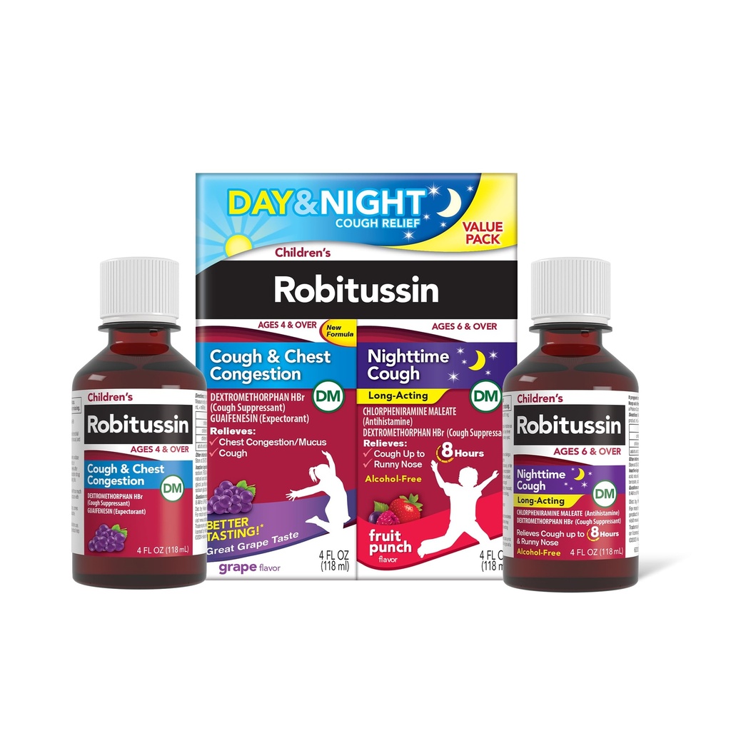 儿童日夜咳救济价值包、咳嗽药、葡萄/Fruit Punch Flavor - 4 Fl Oz x 2