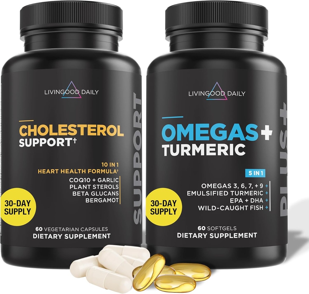 Livingood Daily Cholesterol Supports, 60 Vegetarian Capsules - CoQ10, Plant Sterols, Plant Sterols, Bergamot, & Garlic 补充 支持心脏健康和健康的利皮生产 - 非GMO & Vegan
