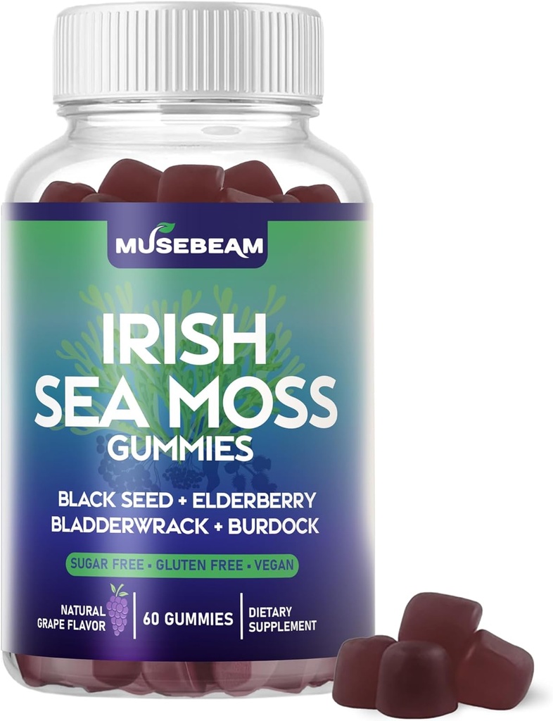 爱尔兰海 Moss Gummys - 与黑种子草莓 Bladderwrack Burdock Turmeric Omega-3 维生素 C D3 Zinc - Seamos 成人女性补充品 - 无糖 Gluten Free Vegan