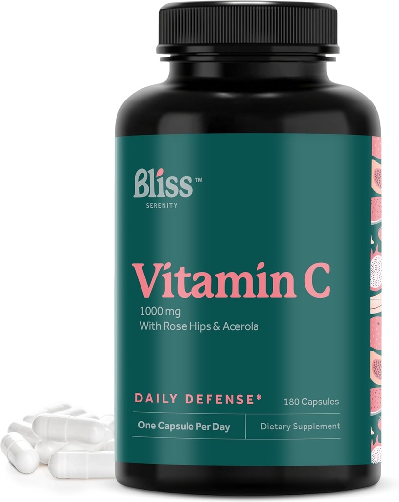 维生素C 1000mg - 配有玫瑰HIPS & Acerola Bioflavonoids的"每日免疫支持"的高概率维生素C补充剂 - 非GMO认证 & Gluten Free,180 Veg Caps.