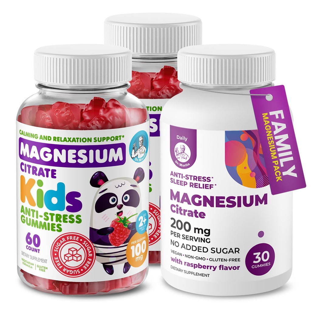 DR. MORITZ Magnesium Bundle - 成人口服(200mg, 30 Counter)和婴儿口服(60 Counter, 2 Pack) - 无糖