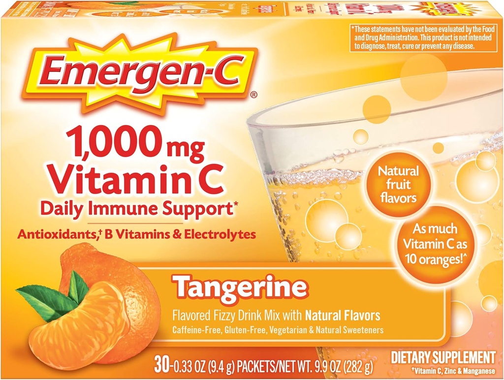 Emergen-C 1000mg 维生素C 粉末,有抗氧化剂,B 维生素和电解质,维生素C 支持免疫补充剂,咖啡因自由菲兹饮料混合剂,Tangerine Flavor - 30 Counter