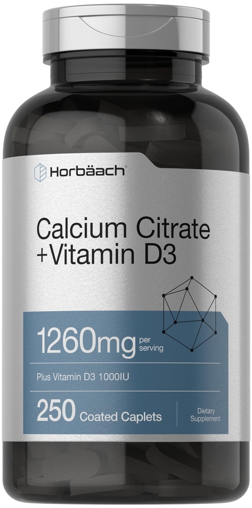 Horbäach Calcium 配有维生素D3的基质 | 1260 mg | 250 caplets | Vegetarian, Non-GMO, Gluten Free Supplement