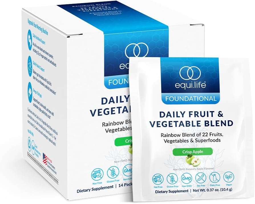 Equilife Daily Fruit & Vegetable Blend, 超级食品抗氧化剂补充剂, Crisp Apple Flavor with Vitamin C, Fiber, 和 9 基本氨基酸, 支持能源, Vegan, 14 单服务包
