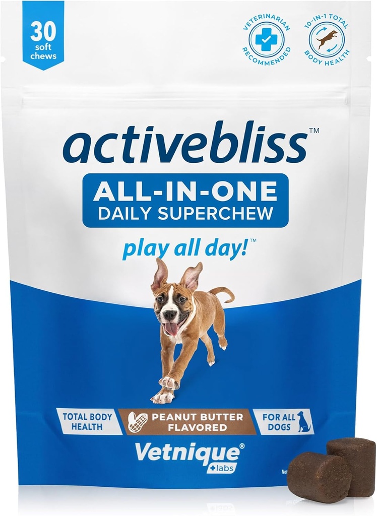 Vetnique Labs Activeblis Dog 多维塔明 - Daily treat with Glucosamine, Omega 3, 联合,消化,和免疫支持 - 狗维生素促进最佳健康, 30 Counter