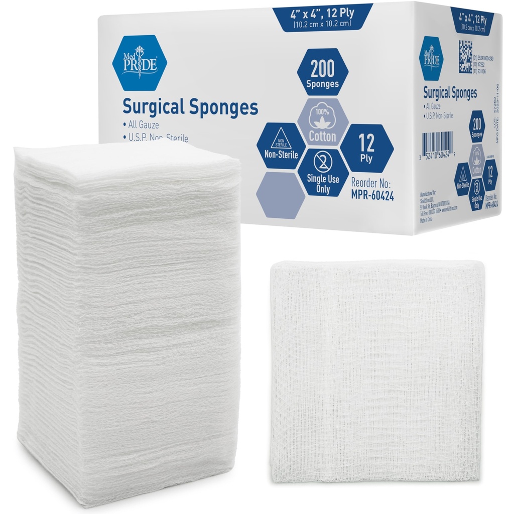 MED PRIDE 4 “x 4” 高泽,200个外科海绵 12ply Extra Absorbent QQ全高泽,对伤者穿戴,防伪,扫荡和清洗XX 基本急救