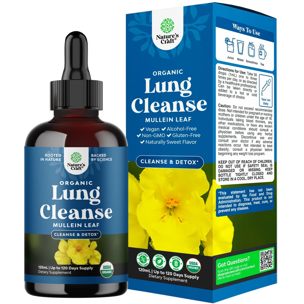 USDA 肺部有机穆林滴药 - 草药肺除毒和清洁剂 沼泽地根提取剂和计划叶片 呼吸性肺健康 - 穆林叶滴药用于呼吸支持 - 120毫升