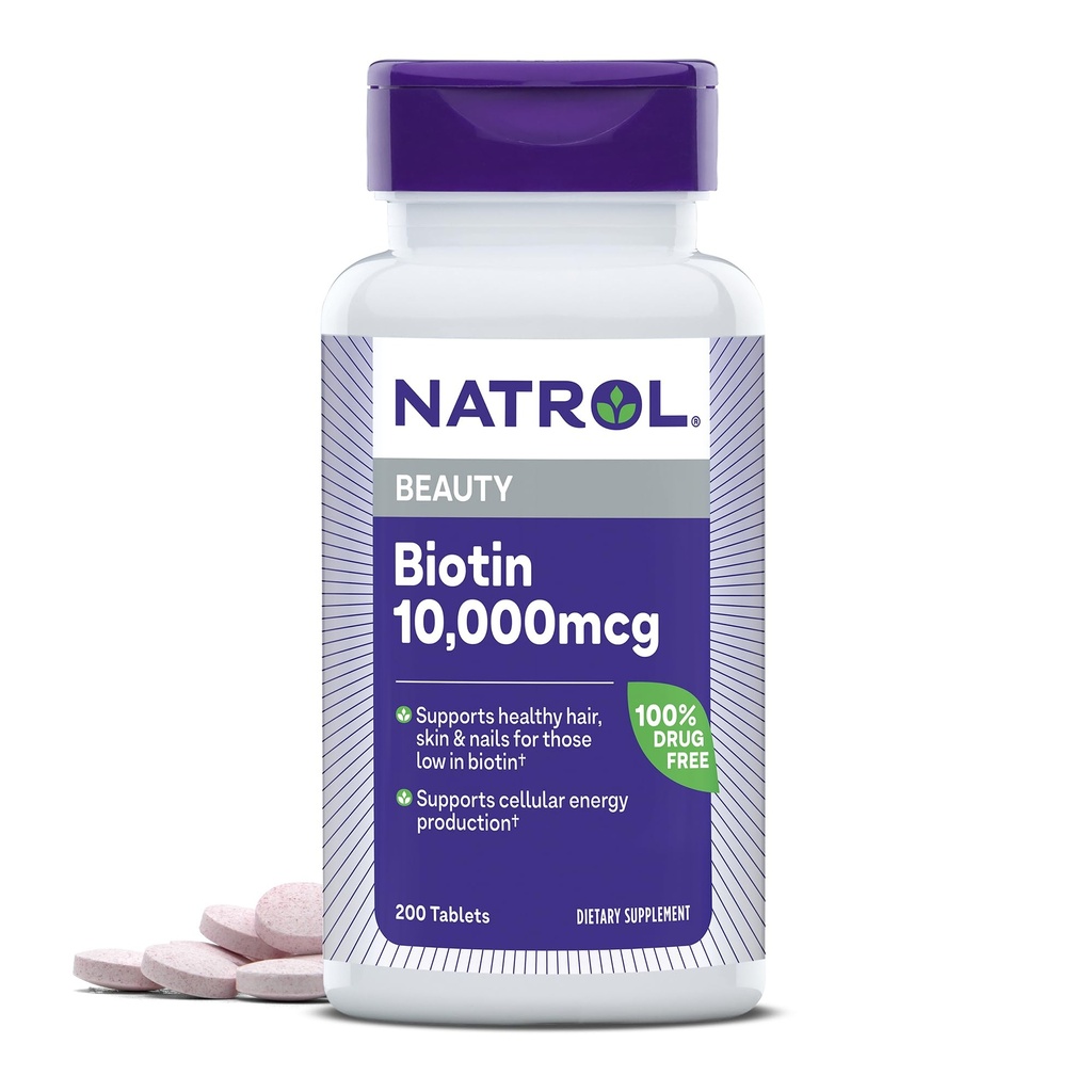 Natrol Biotin 10000mcg, 《健康头发、皮肤和钉子对Biotin低含量者的补充》,《加能量代谢支持》,200平板电脑,最多200天的供应量