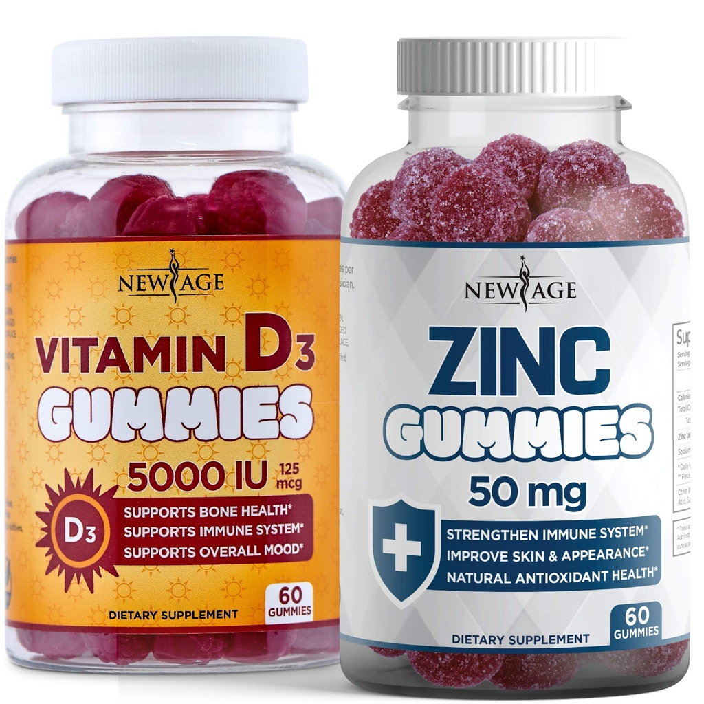 新AGE Immune Defense Combo - 2 Pack - 维生素 D3 Gummys 5000 IU 125mcg & 高概率锌 Gummys, Immune Boster 120 Count