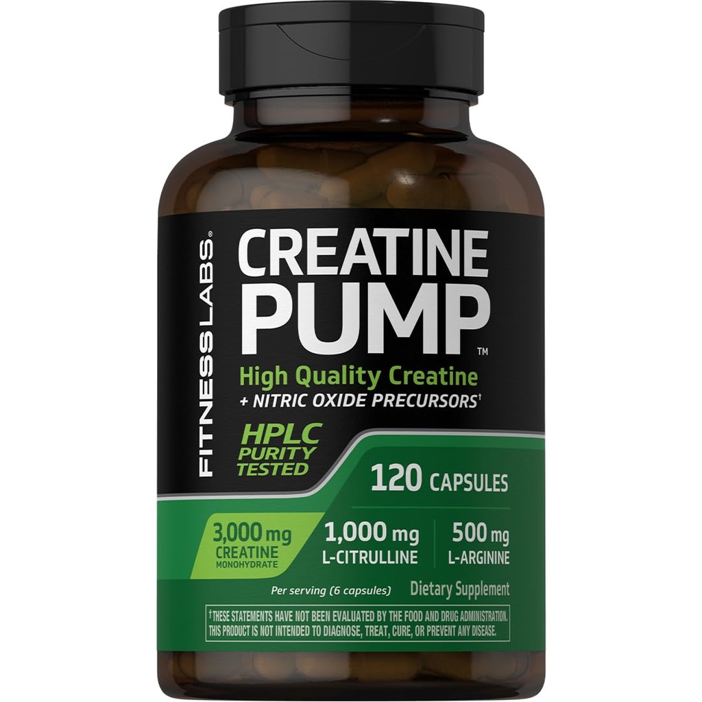Fitness Labs Creatine Capsules 120 Counter + 3000mg → German Creatine Monohydrate + 3000mg → Creapure + 泵补充 + Nitric Oxide Precursor + → HPLC 测试 → 非 GMO