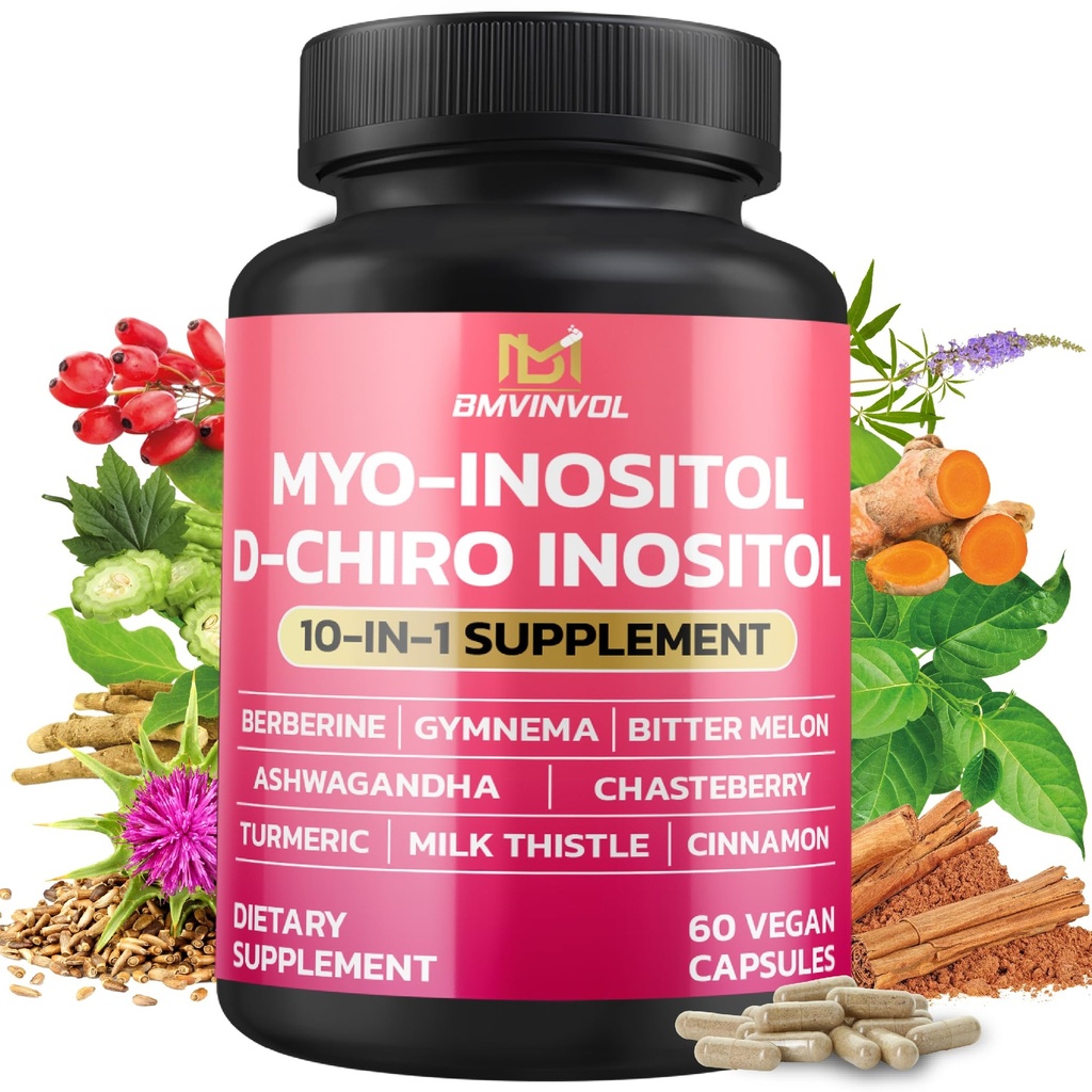BMVINVOL Inositol 补编 - Myo-Inositol和D-Chiro Inositol 理想 40:1 比例 - + 柏培林,肉桂,Ashwagandha + 5 更多 - 60 卡普尔