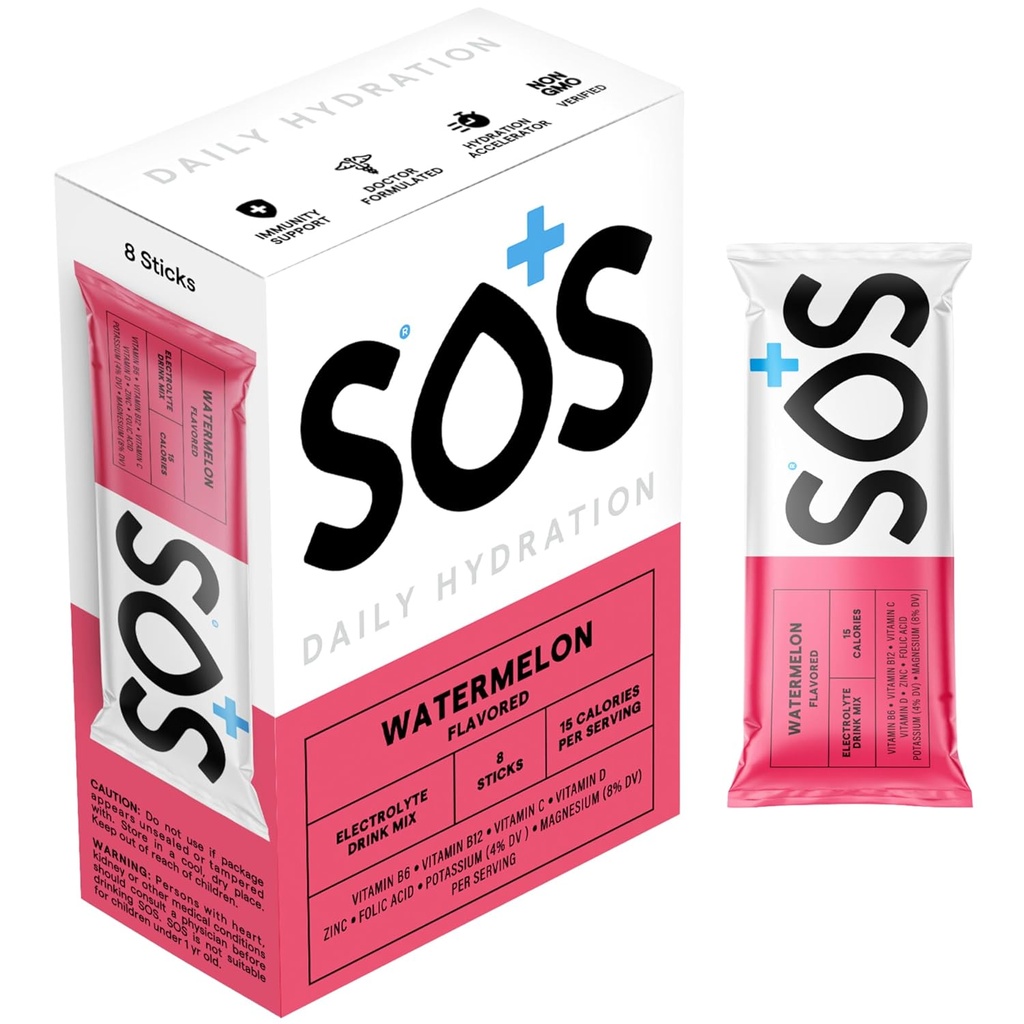 SOS 水解电解器粉盒,西瓜火焰,8个棒包 – 低卡罗里,快速还水,美国制造,Keto & Vegan友好