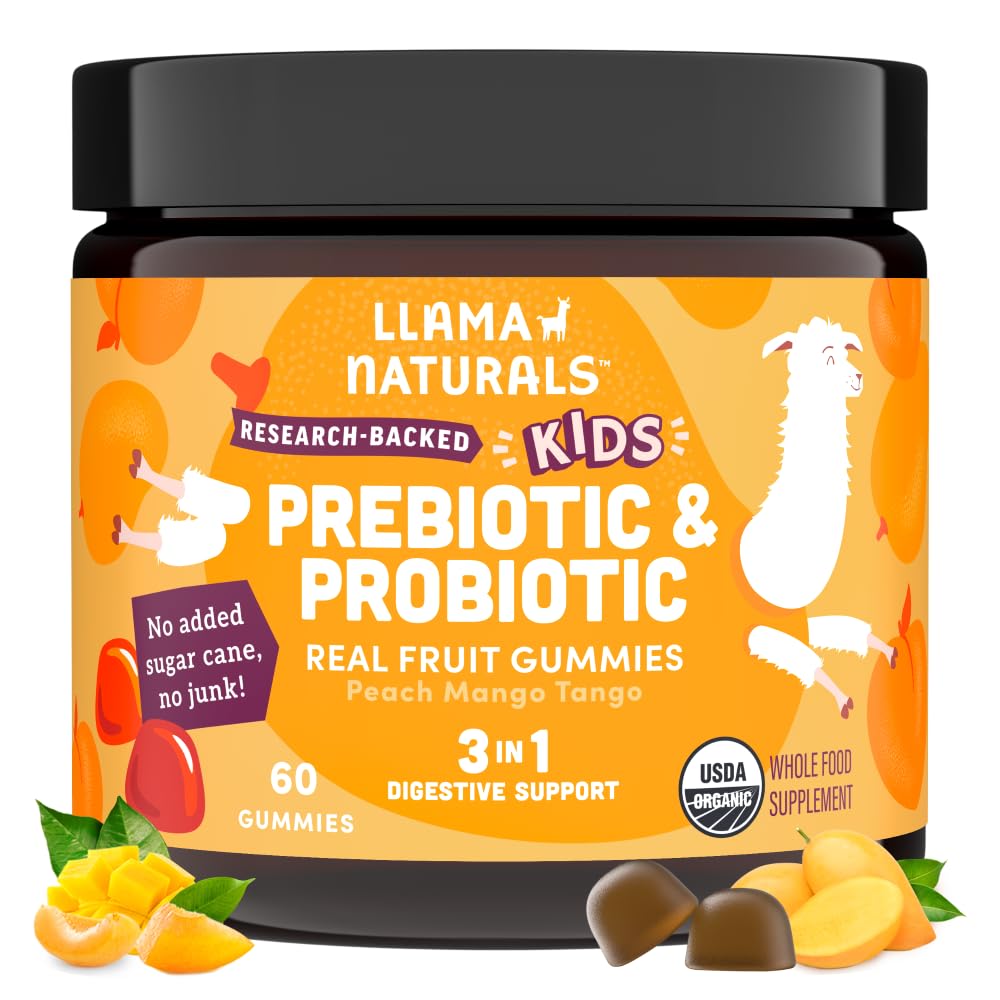 Llama Naturals Kids Probiotic with Prebiotic Fiber, Vegan, 有机先生药和辅生药 Gummys for Gut Health Support, Todler Real Fruit Gummy Vitamins, 无添加甘蔗,桃芒果, 60 Ct