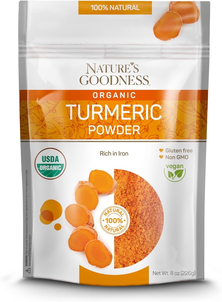 Nature’s Goodness Organic Turmeric Powder | Pure Ground Curcuma Root Spice | Raw Vegan Turmeric Curcumin Seasoning Rich in Vitamins & Natural Antioxidants | Non-GMO Gluten-Free 8 oz