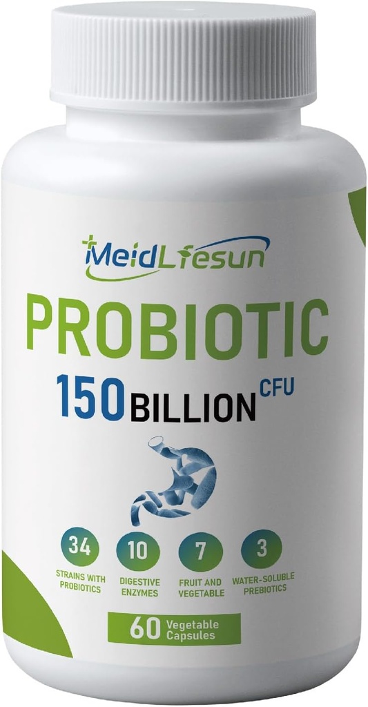 有机增生剂和预生剂,150亿CFU 34 Strains, 消化酶,供男子和妇女使用,60 Vegan Capsules for Gut Health and Greative Support, Non-GMO, Gluten Free