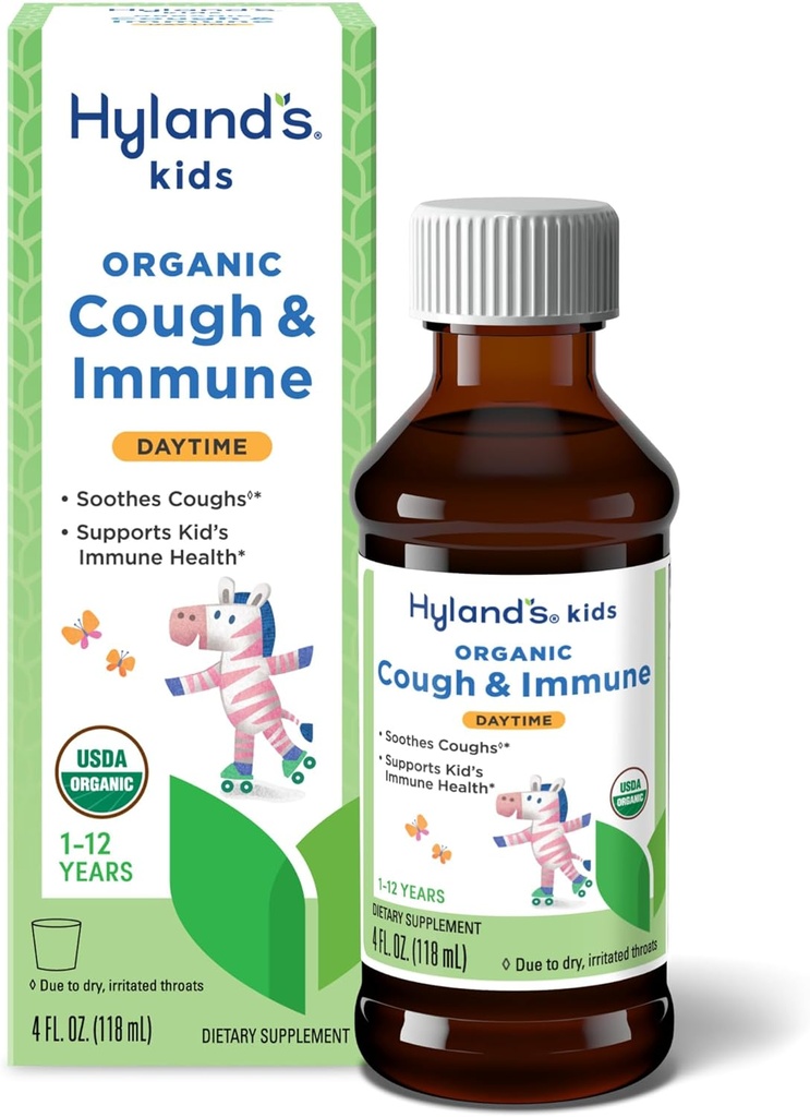 Hyland's Kids Daytime Organic Cough Syrup和Immune 支持阿加夫、长老莓和石榴酸盐、Soothes Cough和支持豁免,4 Fl. Oz