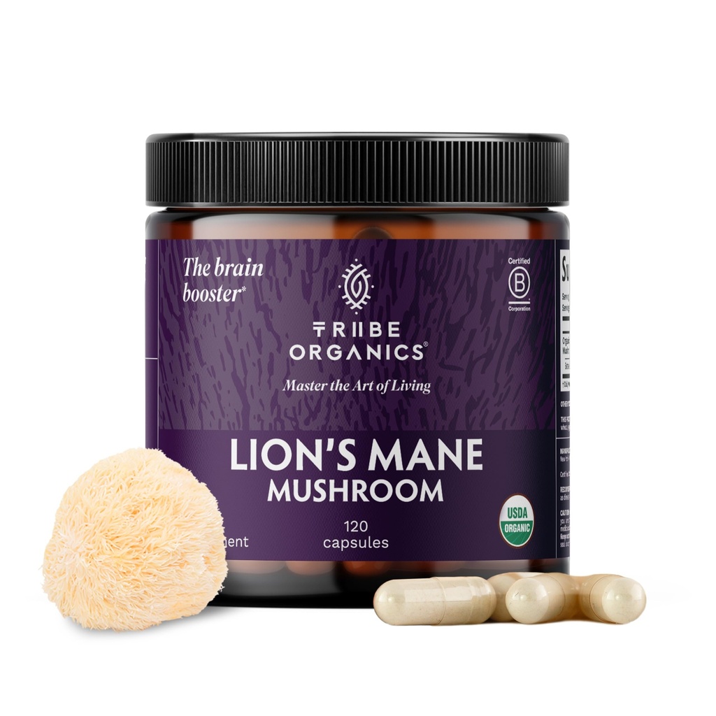 TRIBE ORGANICS 狮子的 Mane 补编 1000mg 蘑菇 提取 粉末 - Immune System 助推器和大脑 Nootropic for Focus and Memory QQ 精神清晰 自然能源和豁免 - 120 Vegan Capsules