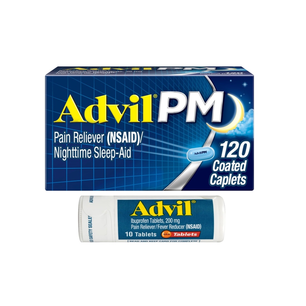 Advil PM Pain Reliver and Nighttime Sleep Aid, Ibuprofen for Pain Relief and Diphenhydolame Citrate for a Sleep Aid - 120 皮夹与疼痛 Reliver and Fever Reliver, 10 个计数片