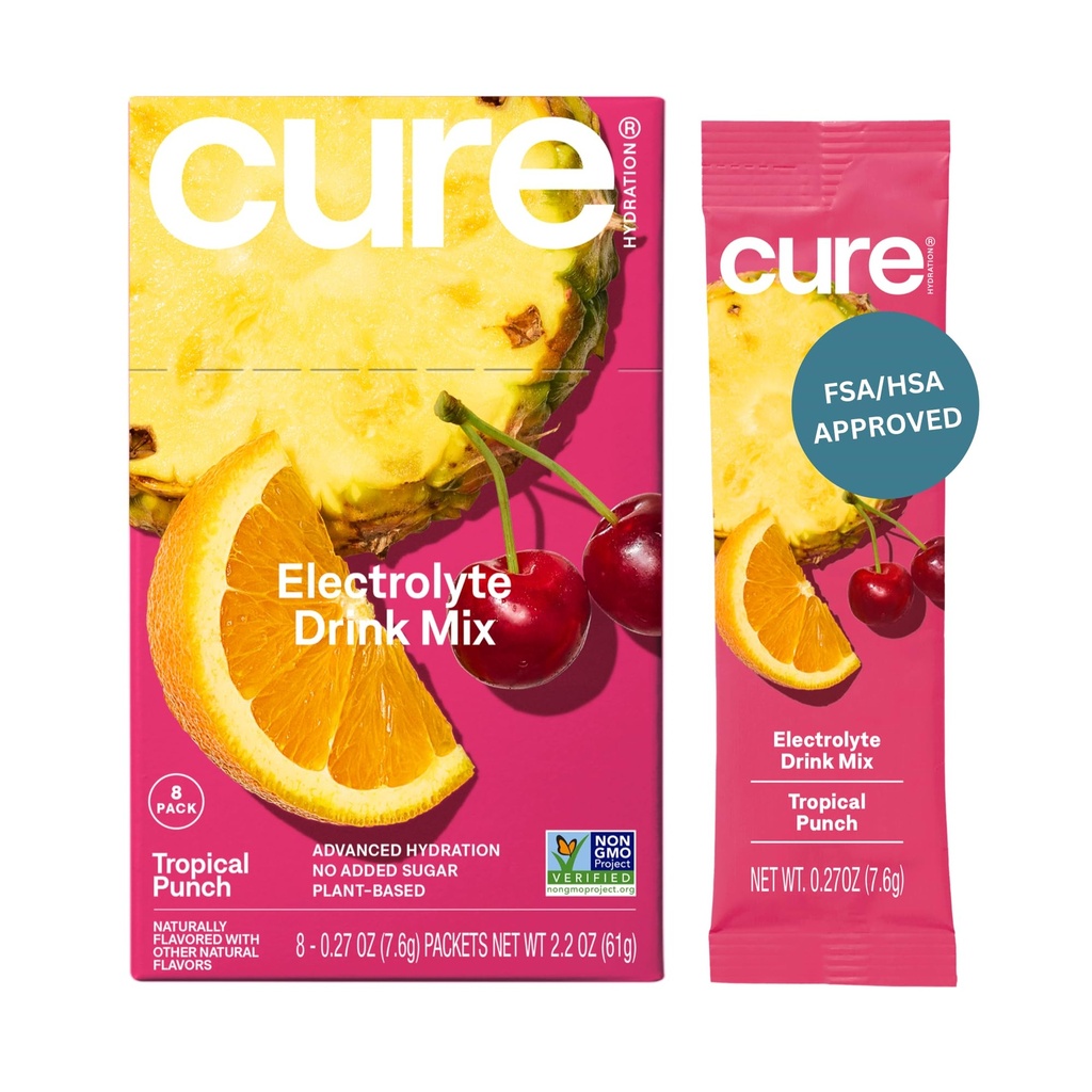 (原始内容存档于2019-09-21). Cure Hydrition QQ 植物型电解质饮料 混合剂 没有添加的糖 +X 脱水 与椰水制成的脱水 | Non-GMO | Vegan | 8 packets-Tropical Punch
