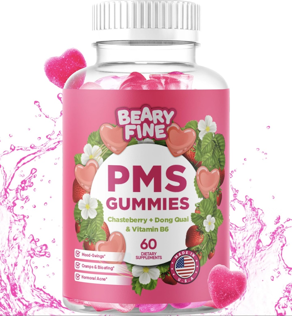 PMS Gummys - PMS 妇女和少年维生素 - PMS 时期救济 - Cramping, Bloating, Mood Swings - 在美国制造(Strawberry, 60 Counter)