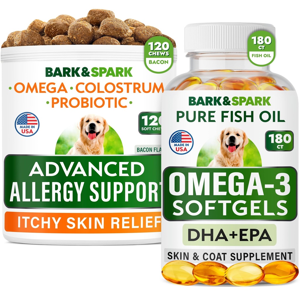 高级狗过敏症 + Omega 3 Bundle - Itch Relief - Probiotics w/Fish Omega 3 + EPA&DHA 脂肪酸 - 皮肤过敏症 + 联合健康 - 120 Chews + 180 软胶 - 培根 + 鱼类火焰 - 在美国制造
