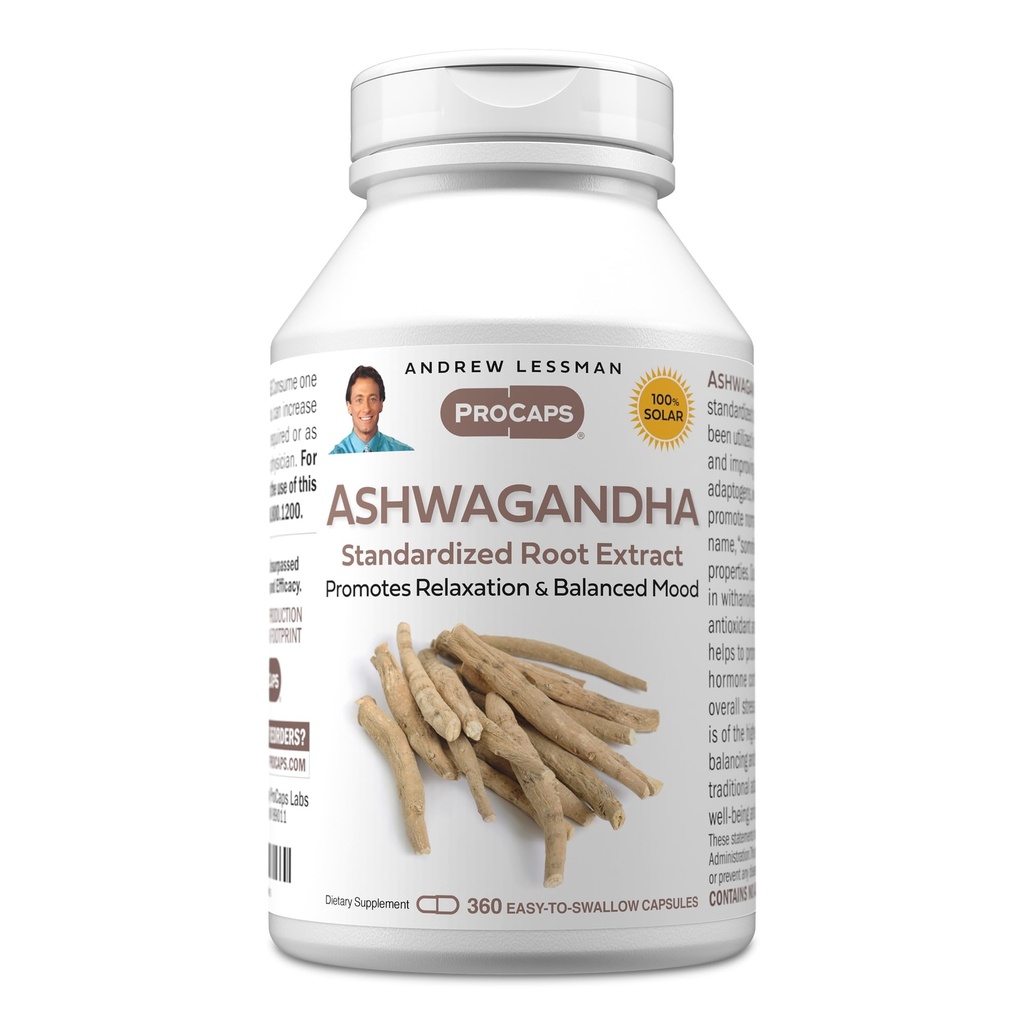 Andrew Lessman Ashwagandha 360 Capsules - 标准化的Ashwagandha摘录. 促进放松、积极情绪、总体福祉和生命力。 细小容易吞咽的笼盖