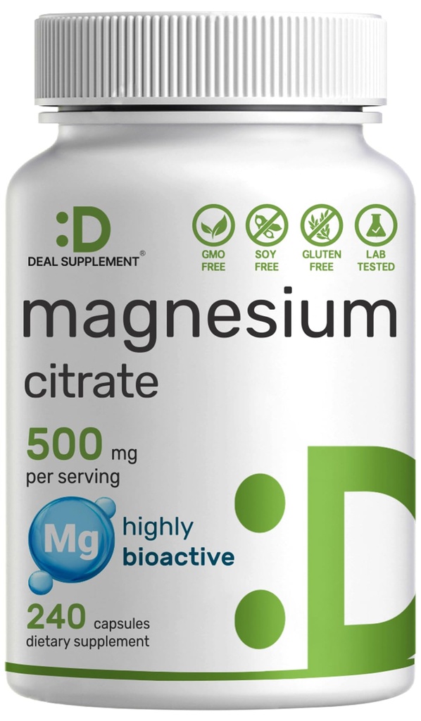 DEL Supplement Magnesium Citrate 500mg, 240 capsules | 易吸收,纯洁的履带矿物 — 肌肉,心脏,和消化支持 — — 一天一次,非GMO