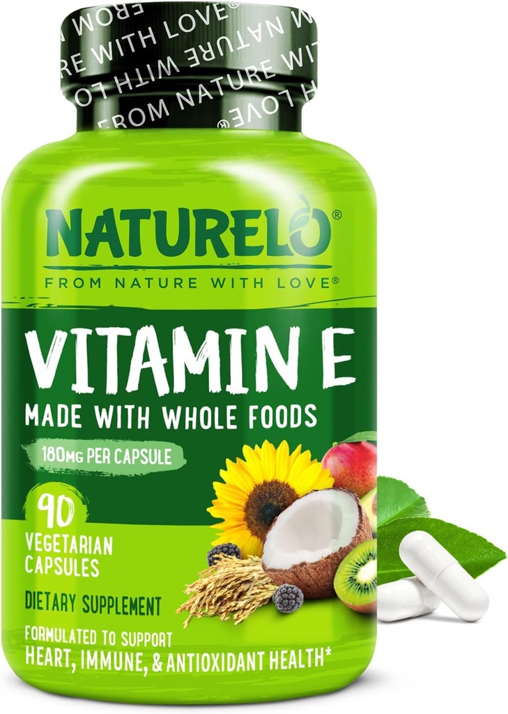NATURELO 维生素E - 180 mg(300 IU) 有机全食的天然混合托克菲醇 -- -- 健康皮肤、毛发、钉子、免疫和眼部健康的补充 -- -- 非GMO、Soy Free -- -- 90 Vegan Capsules