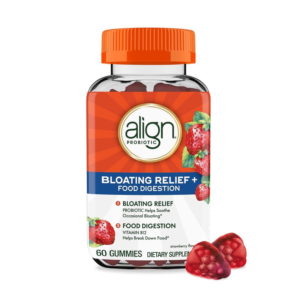 Align Probiotic, Bloating Relief + Food Digestion, Probiotic for Men and Men, Probiotic helps Soothe 偶然 Bloating *, 与维生素B12一起帮助将食物打碎成细胞能量*, 60古米