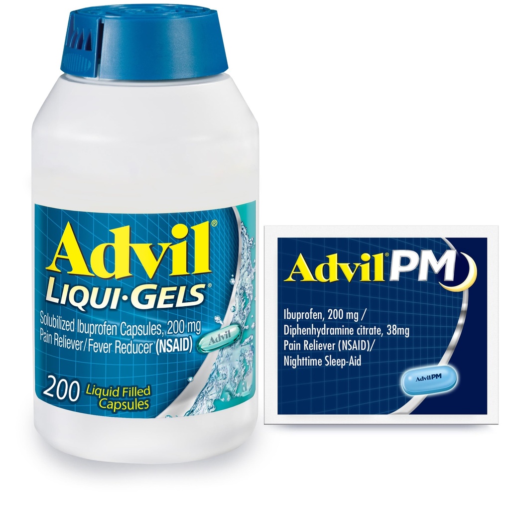 Advil Liqui-Gels 疼痛解脱器和减烧器,头痛、背痛、月经疼痛和联合疼痛解脱200 Capsules,Advil PM Ibuprofen 2 Ct
