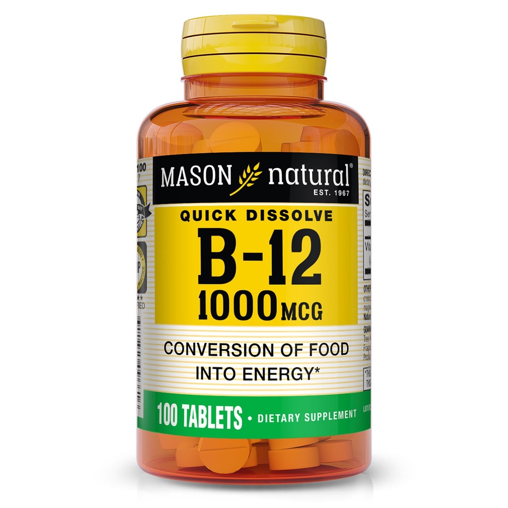 MASON NATURAL 维生素B12,1000 mcg 快速溶解片,快速吸收B 复合体支持正常能量和神经函数,100 片