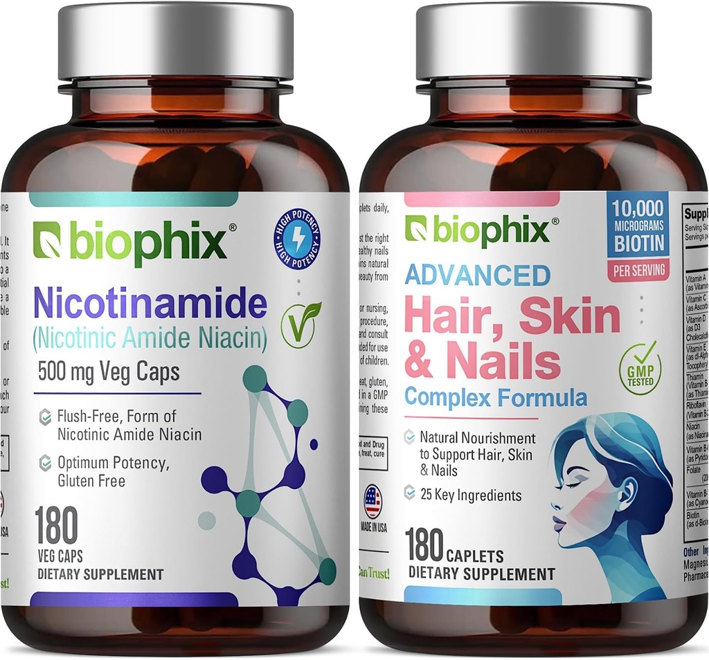 B-3 Nicotinamide 500 mg 180 Vcaps - Hair Skin and Nails 180 Caplets 10000 mcg Biotin - Nicotinic Amide Niacin Natural Flush-Free Vitamin Formula - Supports Skin Cell Health