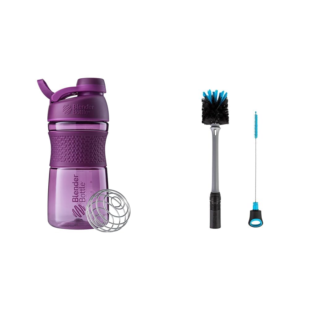 BlenderBottle SportMixer Shaker Bottle Perfect for Protein Shakes and Pre Workout, 20-Ounce, Plum & 2-in 1 摇摆瓶和草丛清洗刷, 1 Pack, Gray