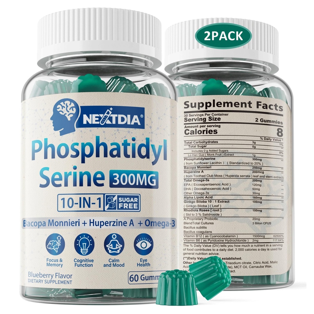 Phosphatidylserine - Nootropic Brian 补编,Focus & Energy Gummys + Bacopa Monnieri, Omega 3, Huperzine A, Methy B12 & B6 老年人,赌徒,工人,非GMO,无咖啡因,无糖,2包
