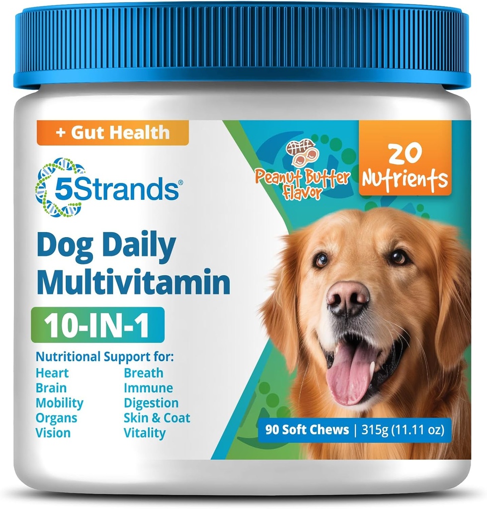 5Strands Dog 多维塔明 Chews, 10in-1, 维生素和后生素, All Ages & Breeds - 消化,脑,器官,心脏,流动,视觉,皮肤和大衣,豁免 - 狗补充品(Peanut Butter, 90ct)
